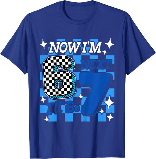 Kids Blue Checker Now I'm 6 I'll Be 7 Funny 6 7 6th Birthday Boy T-Shirt - T-Shirt | Royal