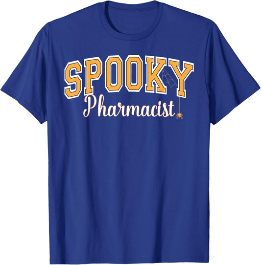 Spooky Pharmacist Halloween Spider Varsity Orange Letters T-Shirt - T-Shirt | Royal