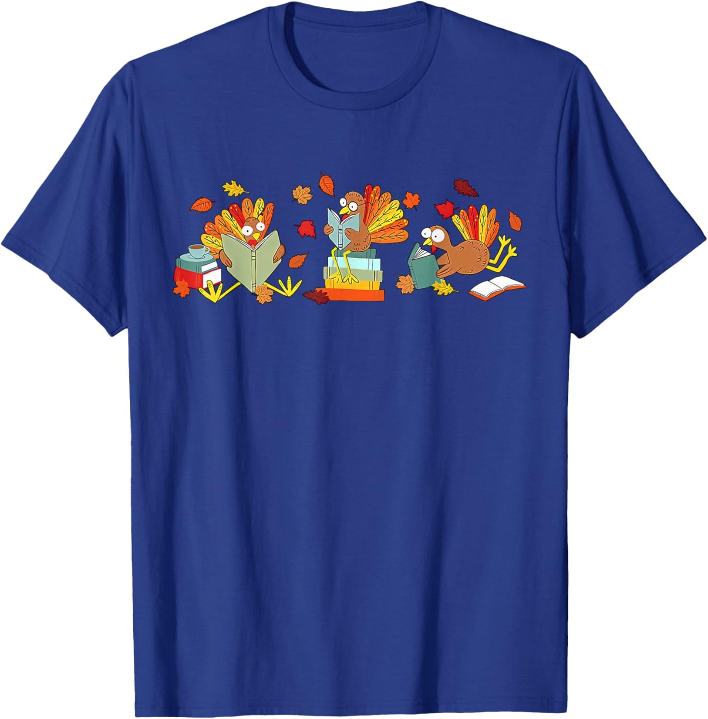 Turkey Reading Books Fall Thanksgiving Teacher Book Lovers T-Shirt - T-Shirt | Royal