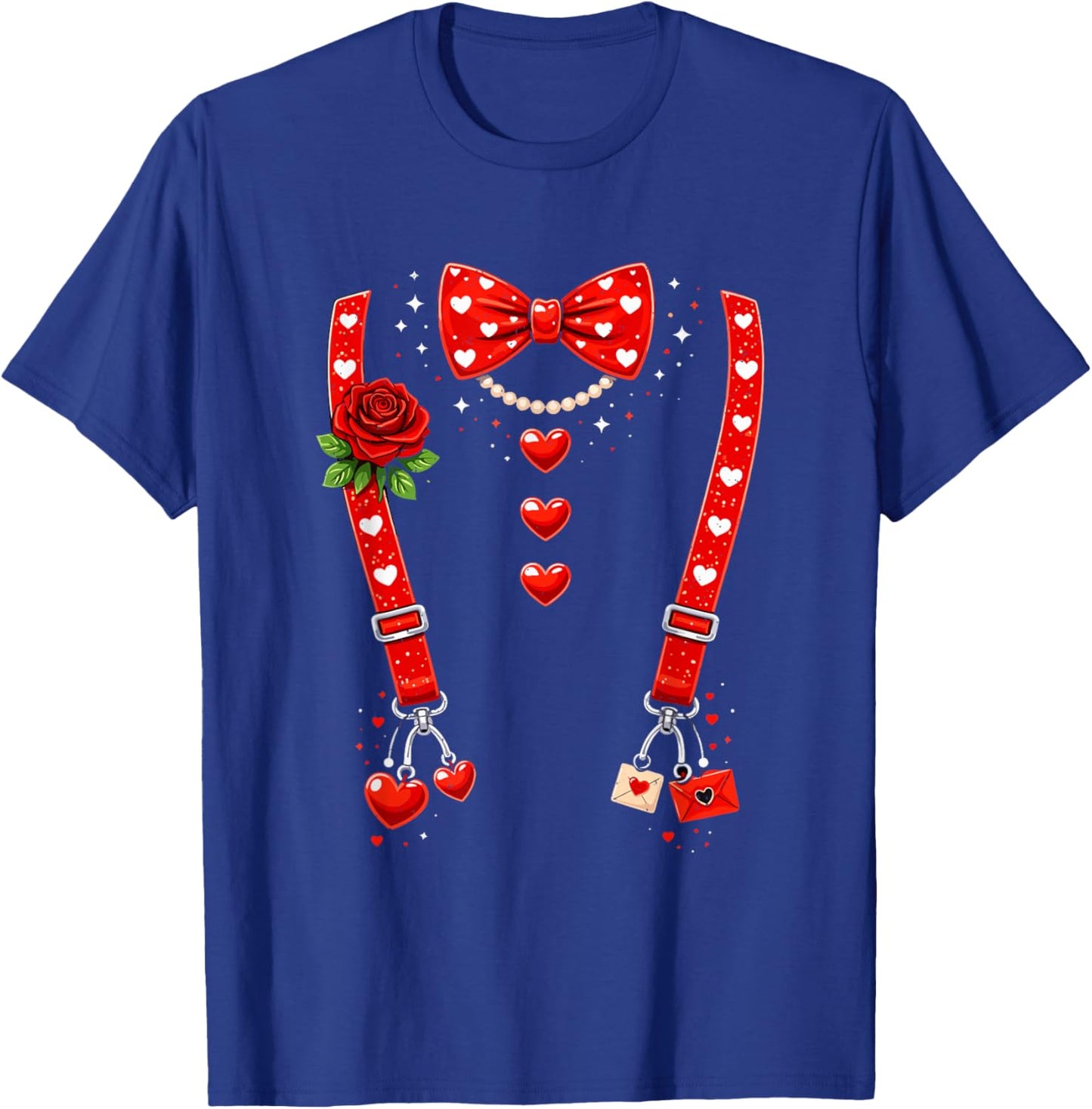 Valentines Day Red Hearts Bow Tie Funny Suspender Couple T-Shirt - T-Shirt | Royal
