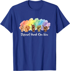 ASL Watercolor Unity Different Hands One Voice Sign Language T-Shirt - T-Shirt | Royal