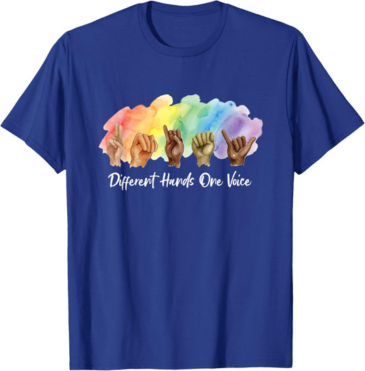 ASL Watercolor Unity Different Hands One Voice Sign Language T-Shirt - T-Shirt | Royal