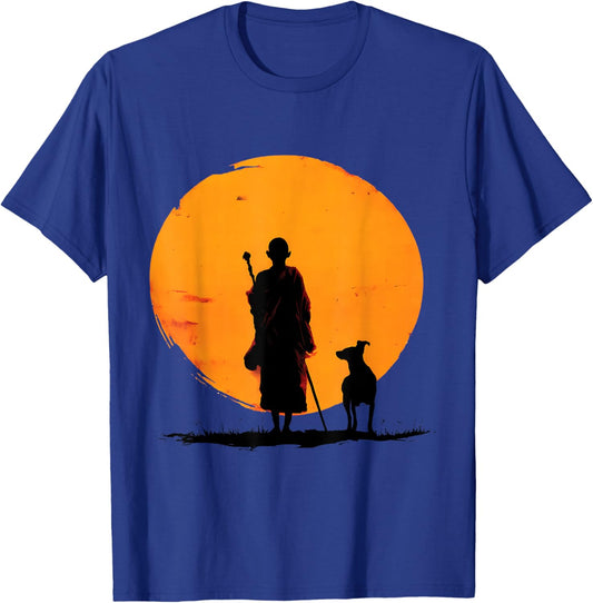 Retro Peace Walking Monks & Dog Minimalist Zen Art Graphic T-Shirt - T-Shirt | Royal