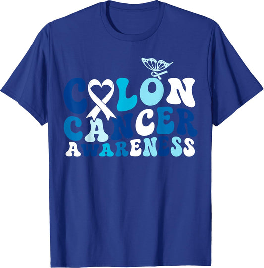 Groovy Colorectal Colon Cancer Awareness Ribbon Butterfly T-Shirt - T-Shirt | Royal