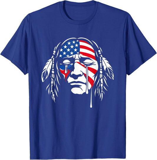 Crying Native American Indian Chief American USA Flag T-Shirt - T-Shirt | Royal