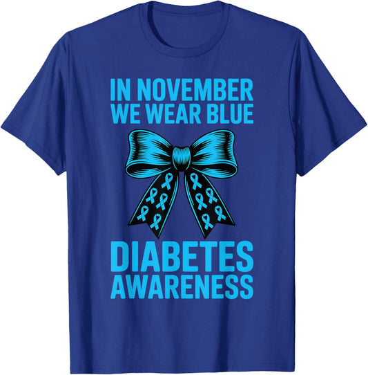 Diabetes Awareness Coquette Bow in November We Wear Blue T-Shirt - T-Shirt | Royal