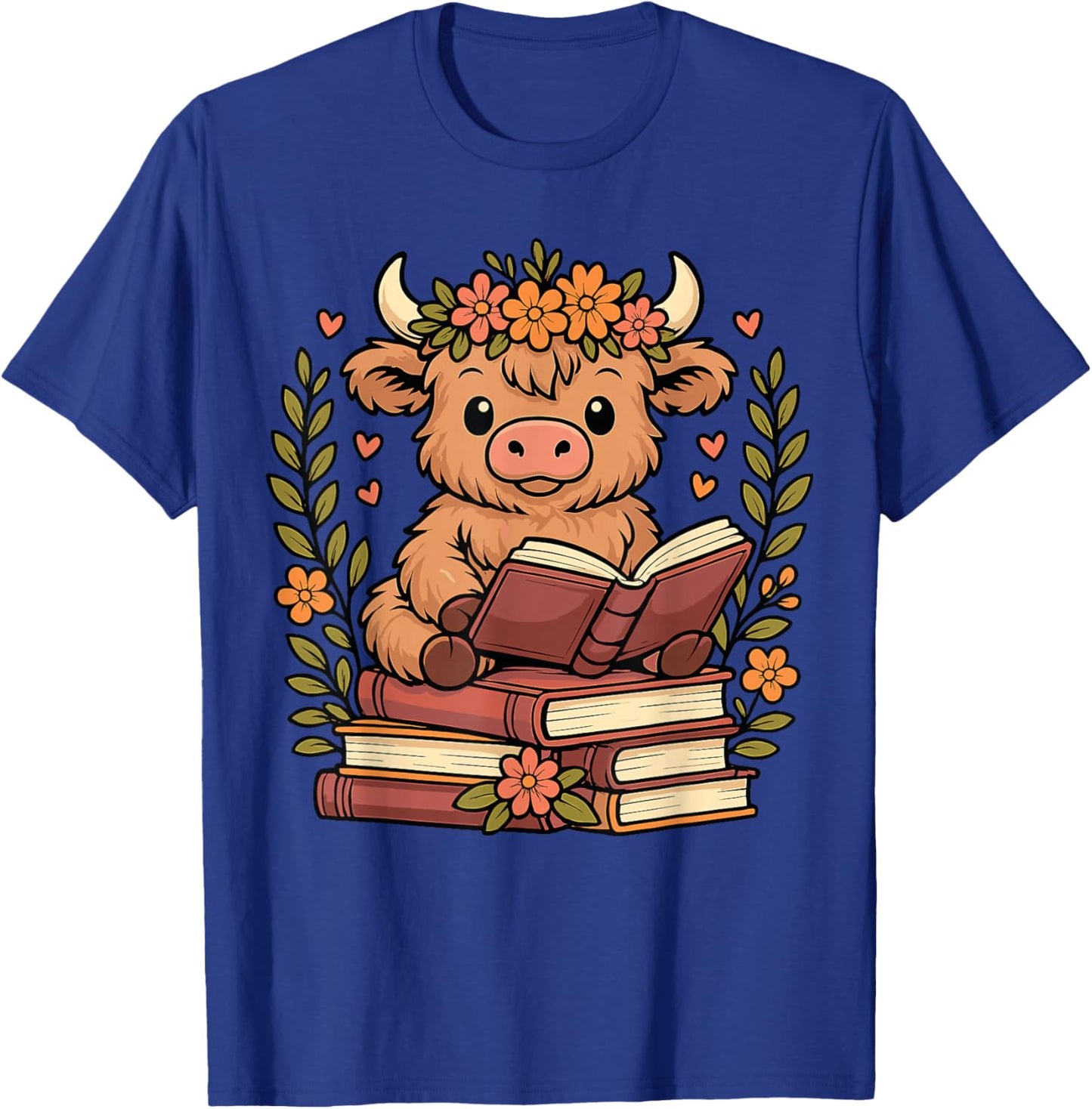 Highland Cow Reading Book Graphic Cow with Book Floral T-Shirt - T-Shirt | Royal