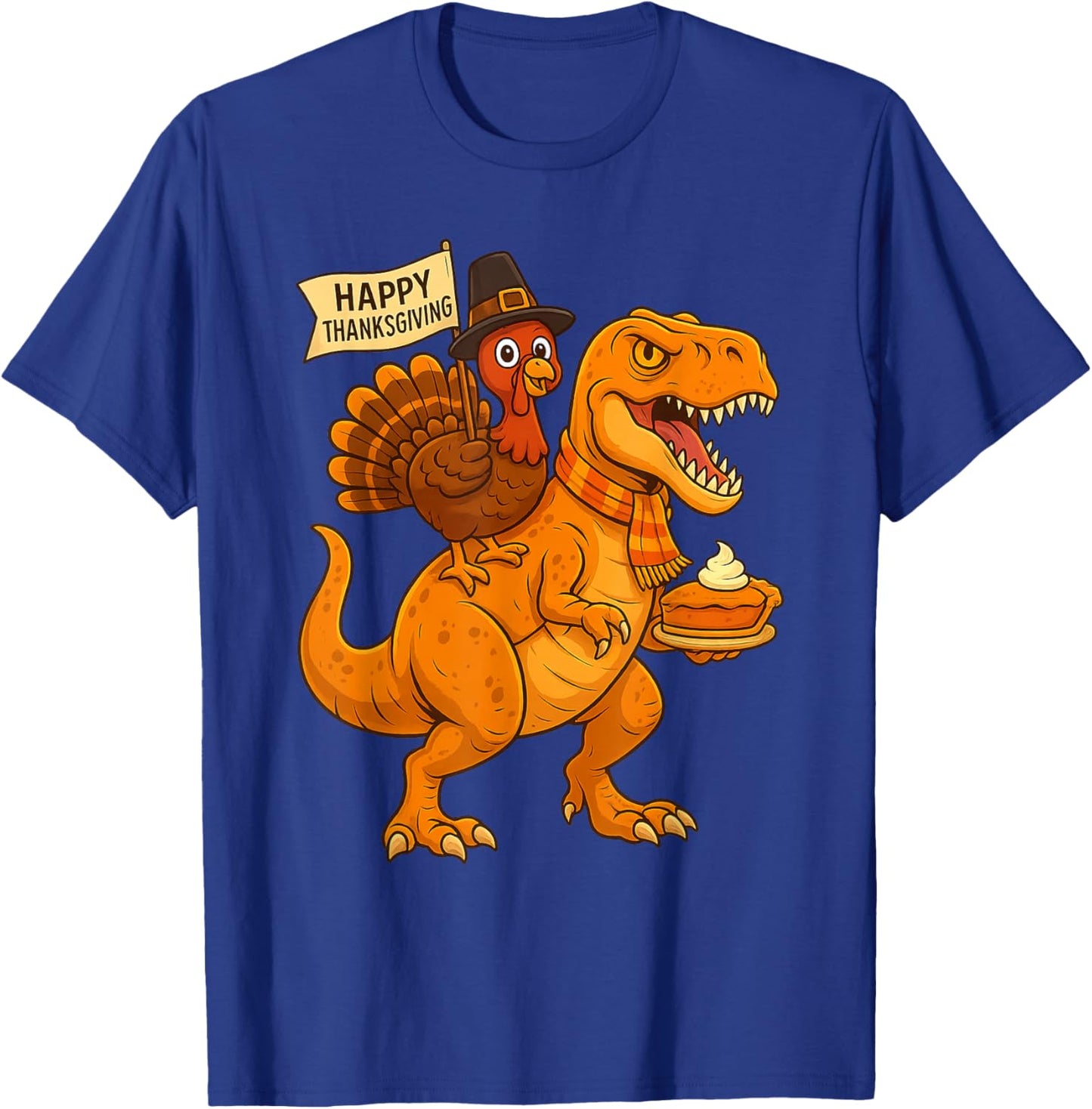 Funny Thanksgiving Dinosaur Turkey Riding T Rex Pumpkin Pie T-Shirt - T-Shirt | Royal