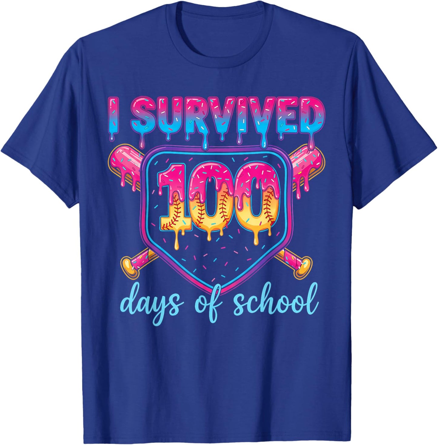 I Survived 100 Days of School Baseball 100th Day Kids Girls T-Shirt - T-Shirt | Royal