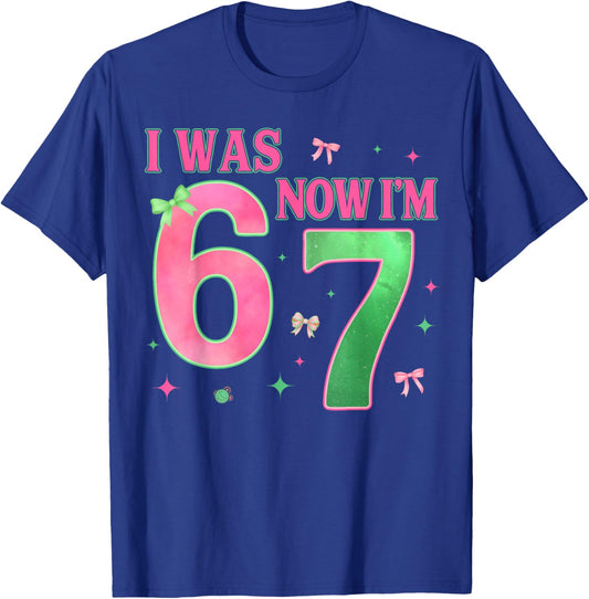 I was 6 Now I'm 7 Year Old Birthday Cute Bow Pink Green Bday T-Shirt - T-Shirt | Royal