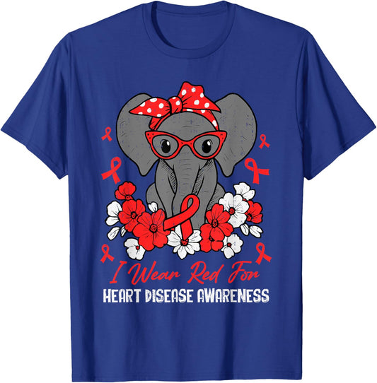 Heart Health Elephant Red Ribbon Heart Disease Awareness CHD T-Shirt - T-Shirt | Royal