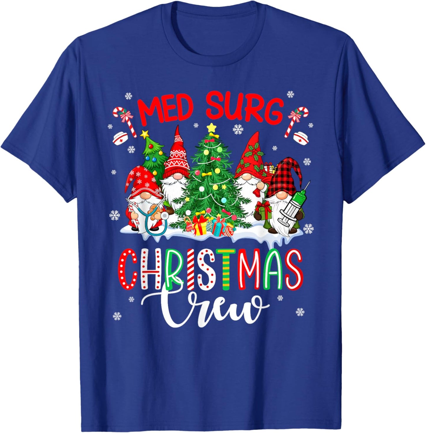 Med Surg Christmas Crew Group Gnomes Decorating Xmas Tree T-Shirt - T-Shirt | Royal