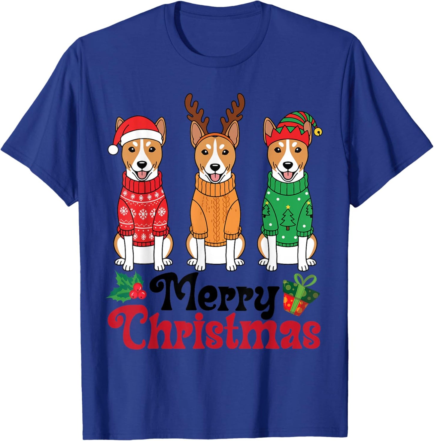 Basenji Dogs in Sweaters Santa Reindeer Elf Merry Christmas T-Shirt - T-Shirt | Royal
