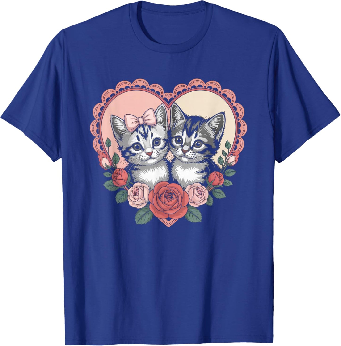 Cute Kittens in Heart with Roses Romantic Cat T-Shirt - T-Shirt | Royal