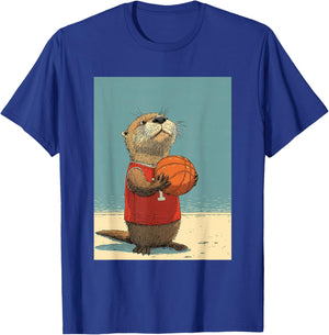 Cute Sea Otter Animal Funny Basketball Cartoon Design T-Shirt - T-Shirt | Royal