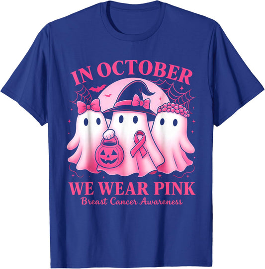 in October We Wear Pink Ghost Trio Breast Cancer Awareness T-Shirt - T-Shirt | Royal