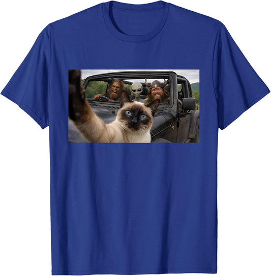 SUV Road Trip Siamese Cat Selfie with Alien Bigfoot Viking T-Shirt - T-Shirt | Royal