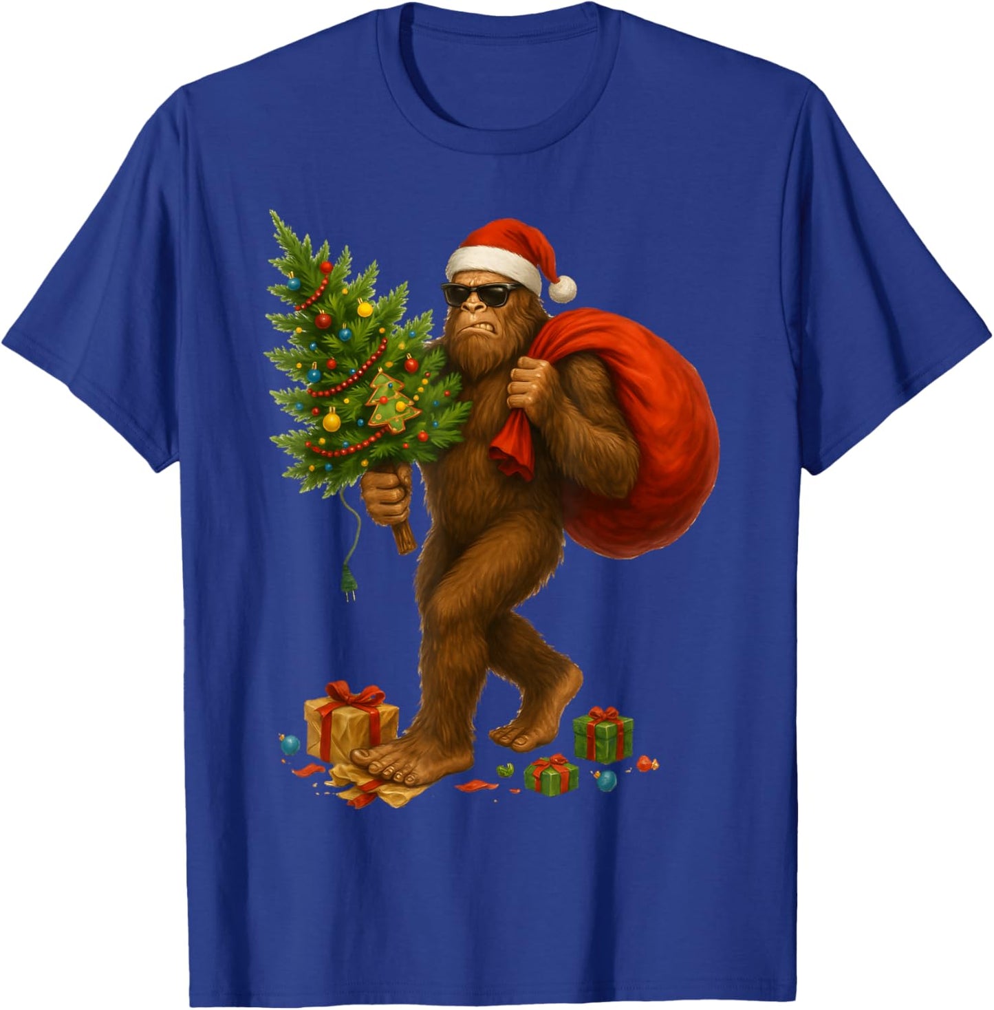 Angry Bigfoot Santa Christmas Tree Lights Xmas Men Sasquax T-Shirt - T-Shirt | Royal