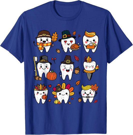 Cute Teeth Turkey Dentist Thanksgiving Fall Dental Assistant T-Shirt - T-Shirt | Royal
