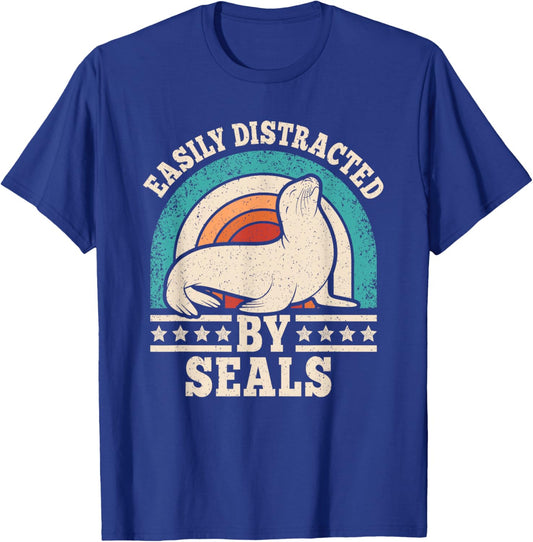 Easily Distracted by Seals Retro Seal Men Women T-Shirt - T-Shirt | Royal