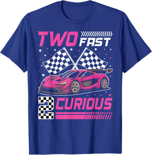 Girl Race Car Birthday Decorations Two Fast 2 Curious 2nd T-Shirt - T-Shirt | Royal