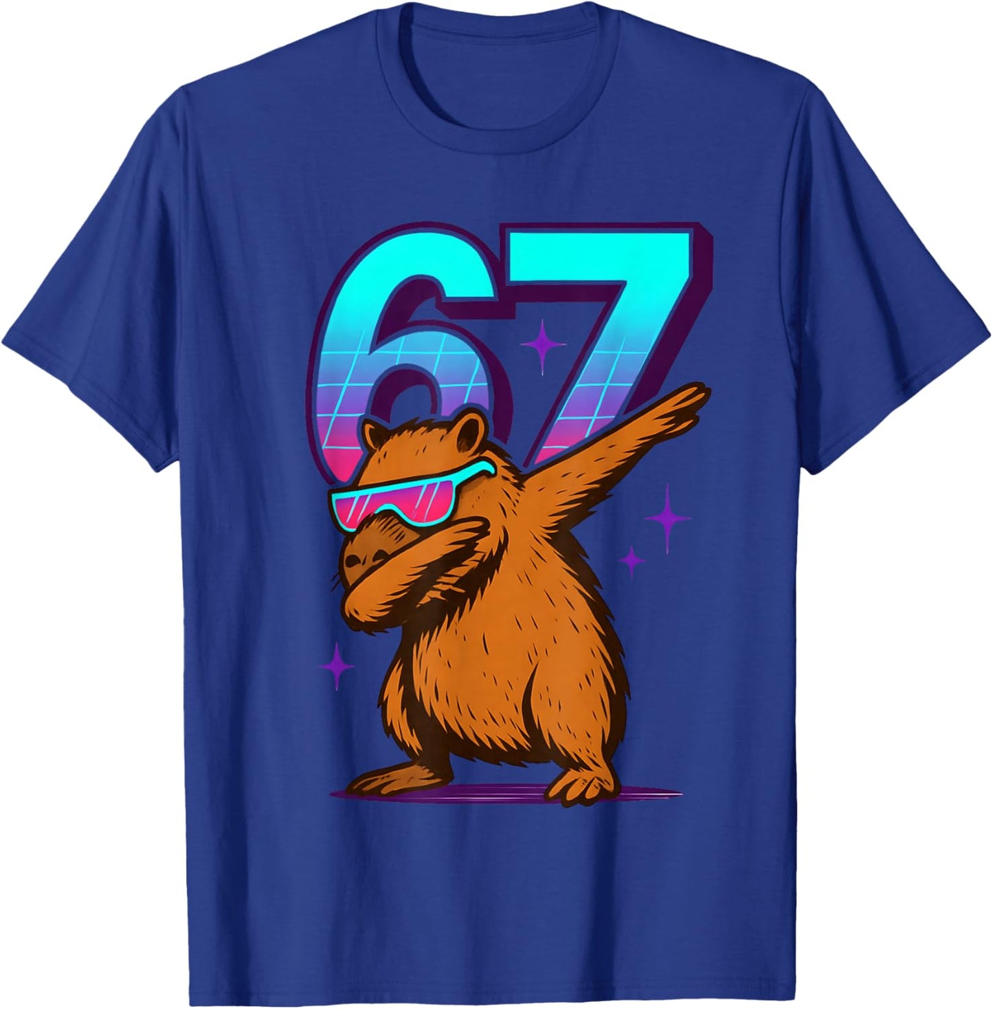 Neon Retro Dabbing Capybara 67 Meme Capy Lover Teens Kids T-Shirt - T-Shirt | Royal