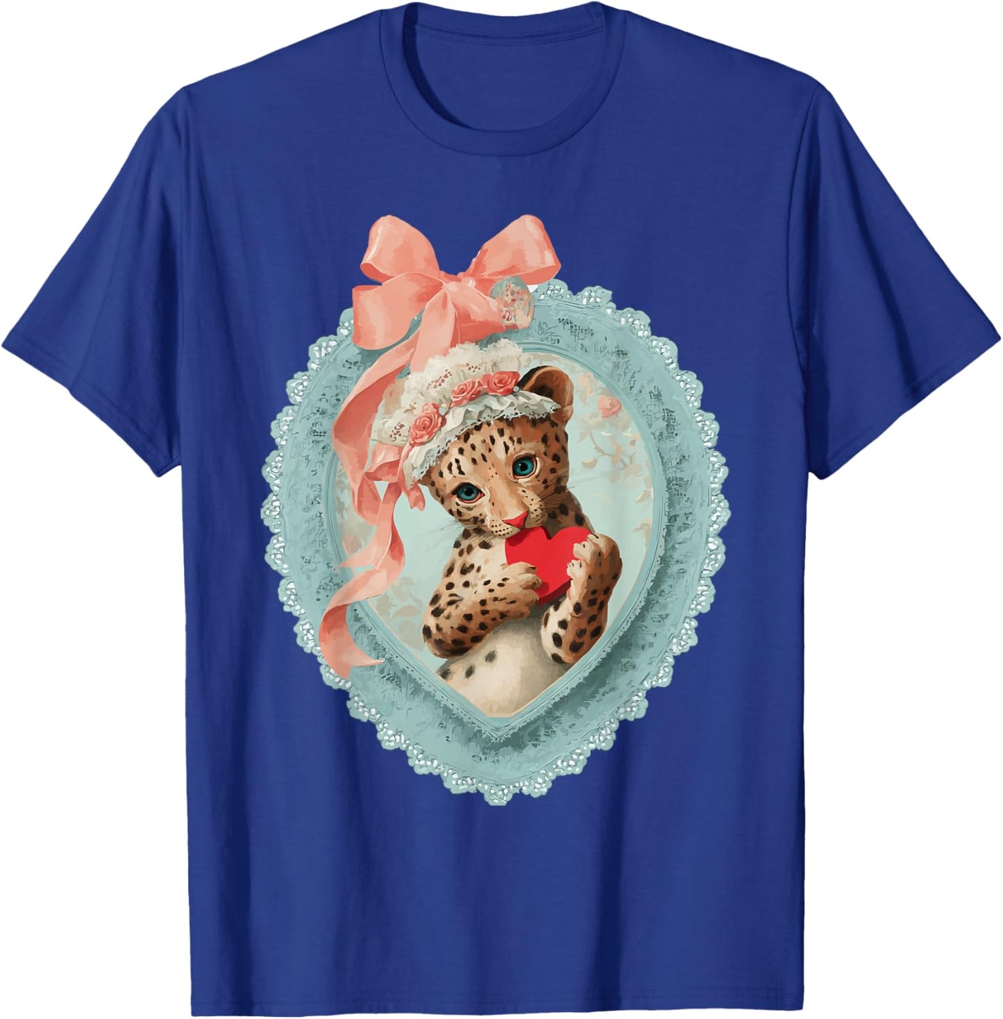 Cute Leopard Valentine with Heart Vintage Animal Coquette T-Shirt - T-Shirt | Royal