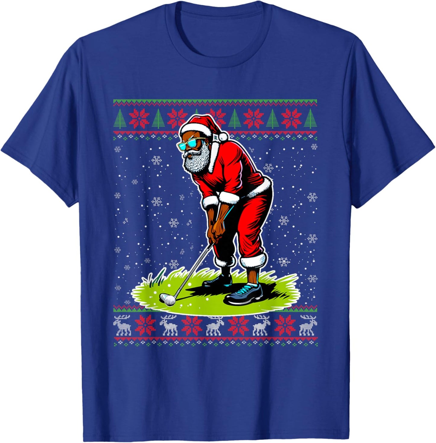 Christmas African American Santa Golf Ugly Christmas Sweater T-Shirt - T-Shirt | Royal