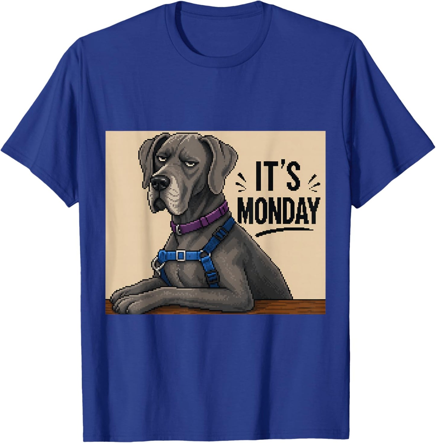 Funny Grumpy Dog Monday Pixel Art Great Dane T-Shirt - T-Shirt | Royal