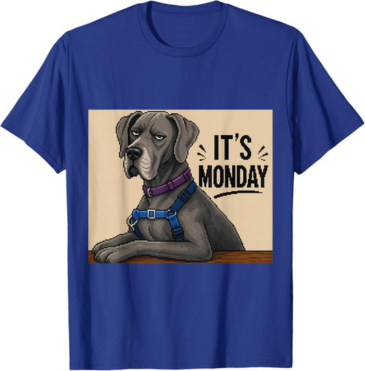 Funny Grumpy Dog Monday Pixel Art Great Dane T-Shirt - T-Shirt | Royal