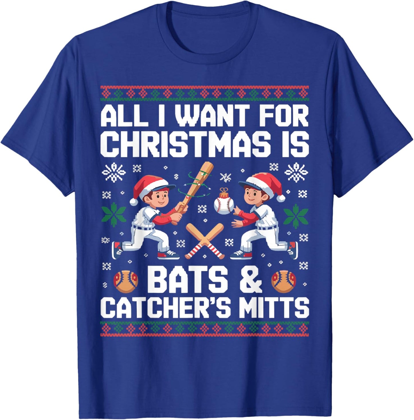 Funny Christmas Baseball Bats Catcher Mitts Holiday T-Shirt - T-Shirt | Royal
