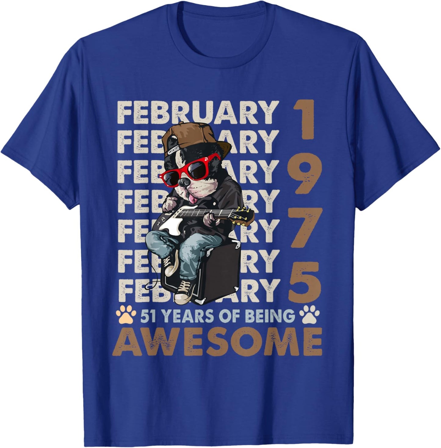 51st Birthday Dog Lover February 1975 Vintage 51 Years Old T-Shirt - T-Shirt | Royal