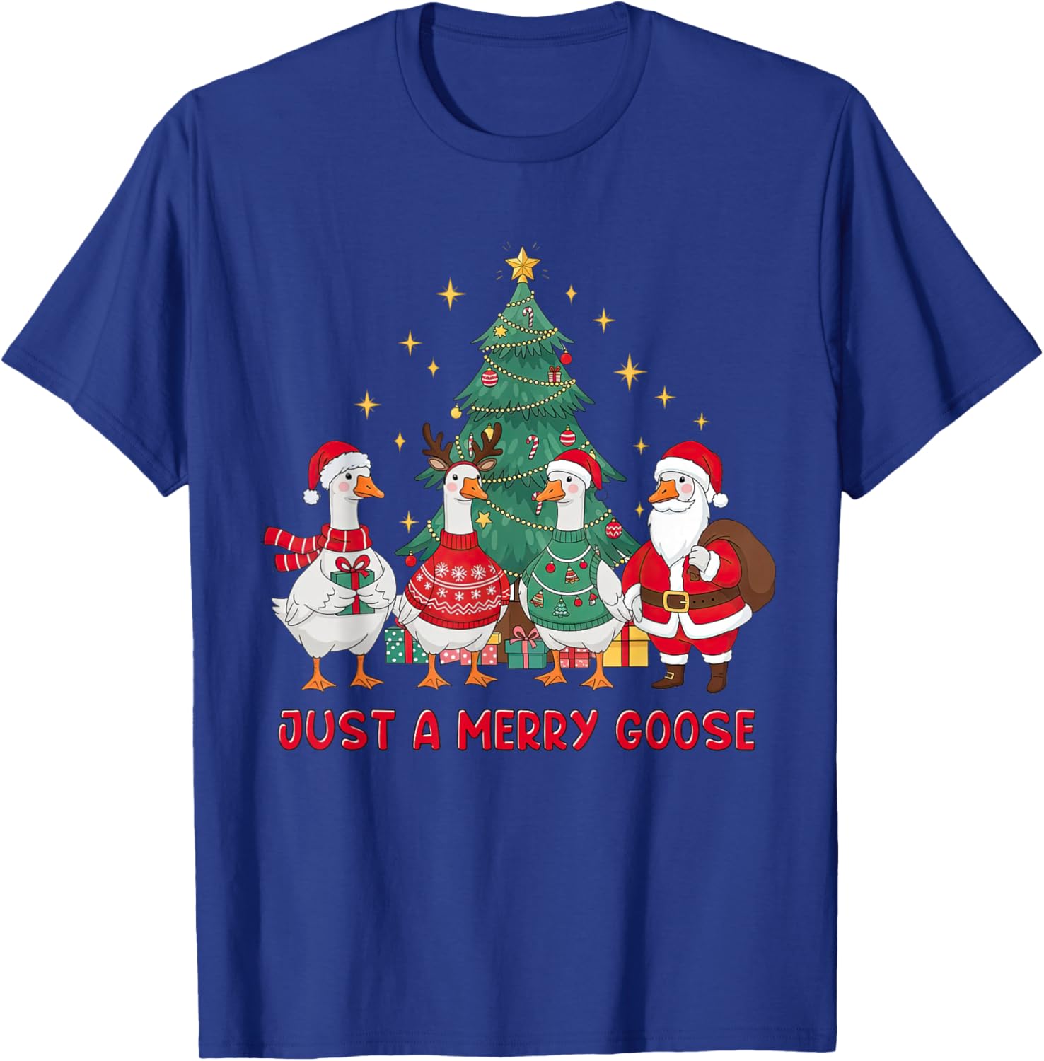 Just A Merry Goose Christmas Tree Goosemas Santa Geese Xmas T-Shirt - T-Shirt | Royal