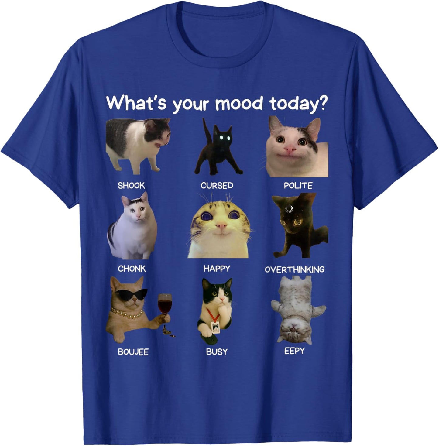 Funny Cat Meme Men Women What's Your Mood Today? T-Shirt - T-Shirt | Royal
