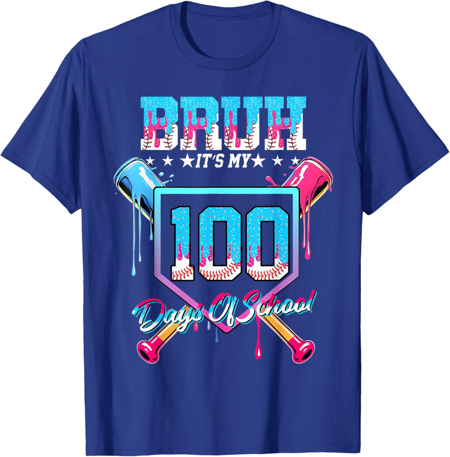 100 Days of School Ice Cream Drip Baseball 100 Days Smarter T-Shirt - T-Shirt | Royal