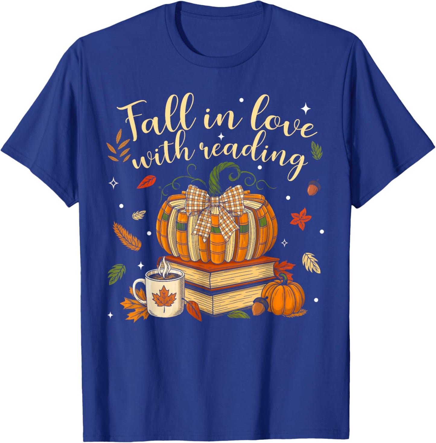 Fall in Love with Reading Book Autumn Pumpkins and Teachers T-Shirt - T-Shirt | Royal