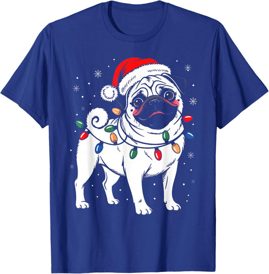 Cute Pug Dog Christmas Lights Santa Hat Funny Xmas Pajamas T-Shirt - T-Shirt | Royal