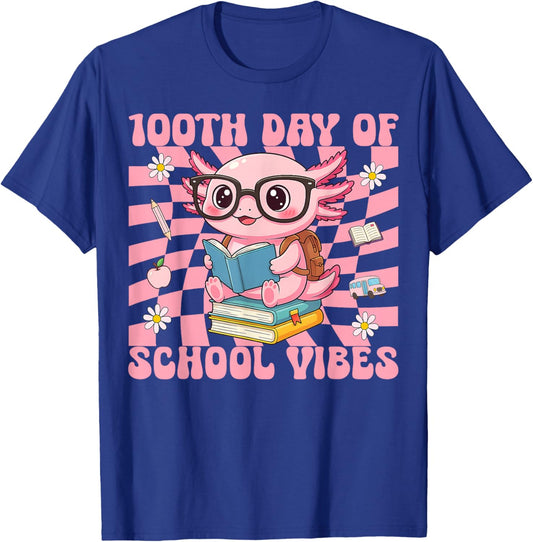 100th Day of School Vibes Cute Axolotl 100 Days of School T-Shirt - T-Shirt | Royal