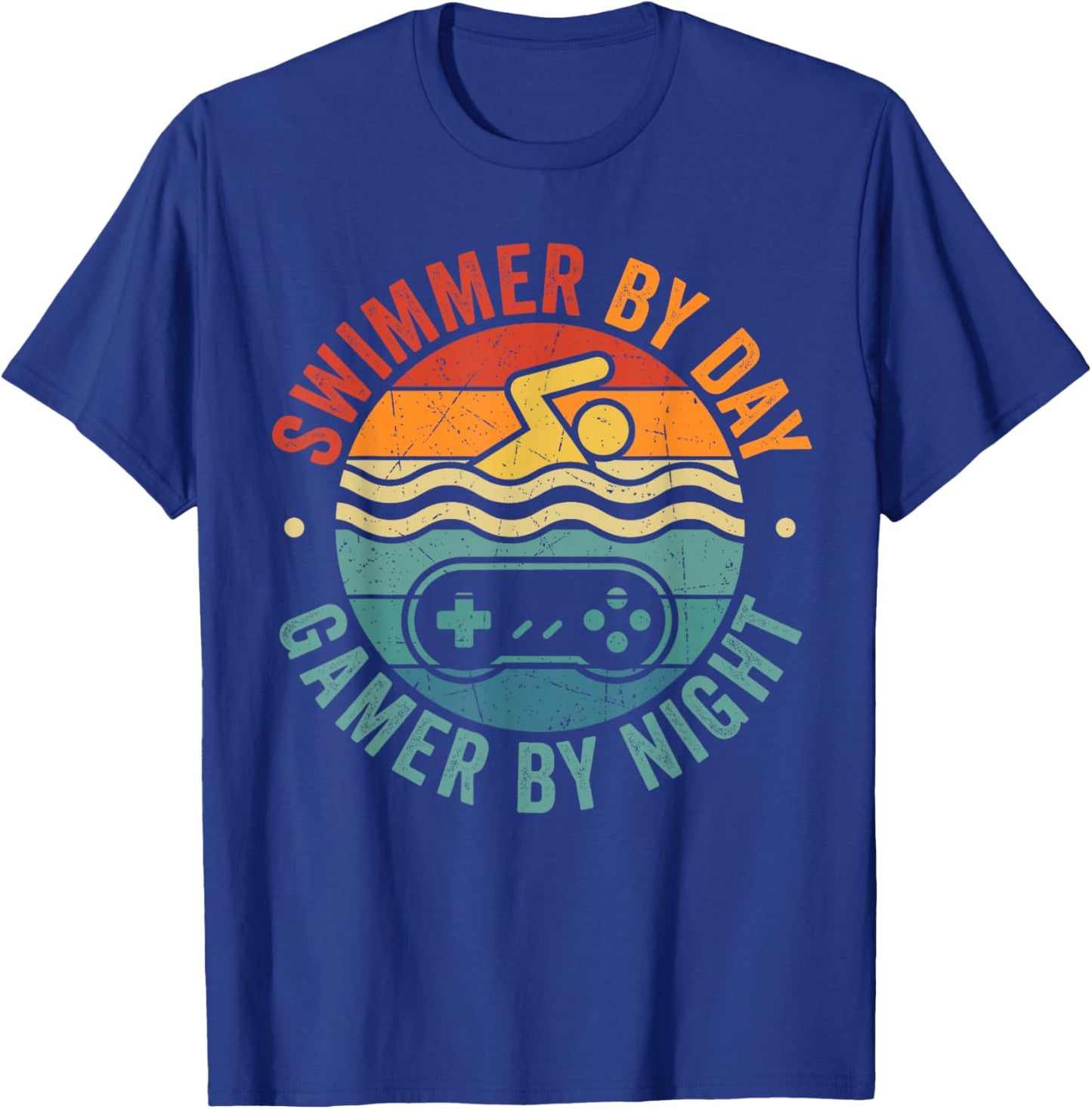 Swimmer by Day Gamer by Night Funny Swmming Gaming Boy Dad T-Shirt - T-Shirt | Royal