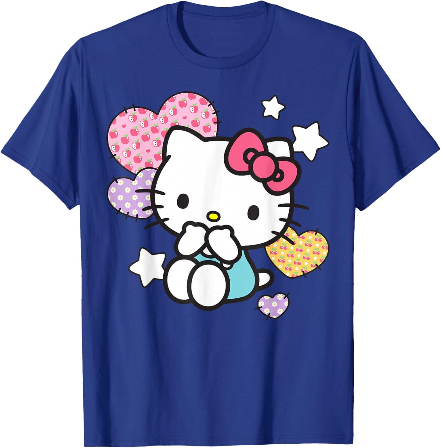 Hello Kitty Stars and Patched Hearts Apples Cherries Daisies T-Shirt - T-Shirt | Royal