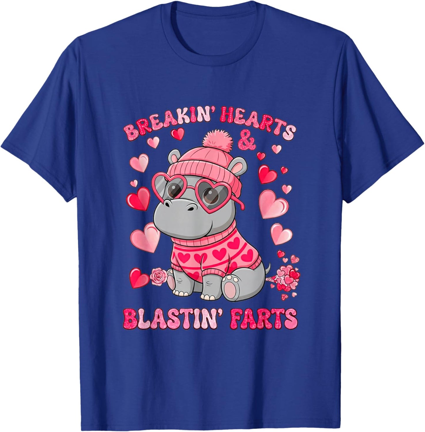 Funny Hippo Breaking Hearts Blasting Farts Valentines Day T-Shirt - T-Shirt | Royal