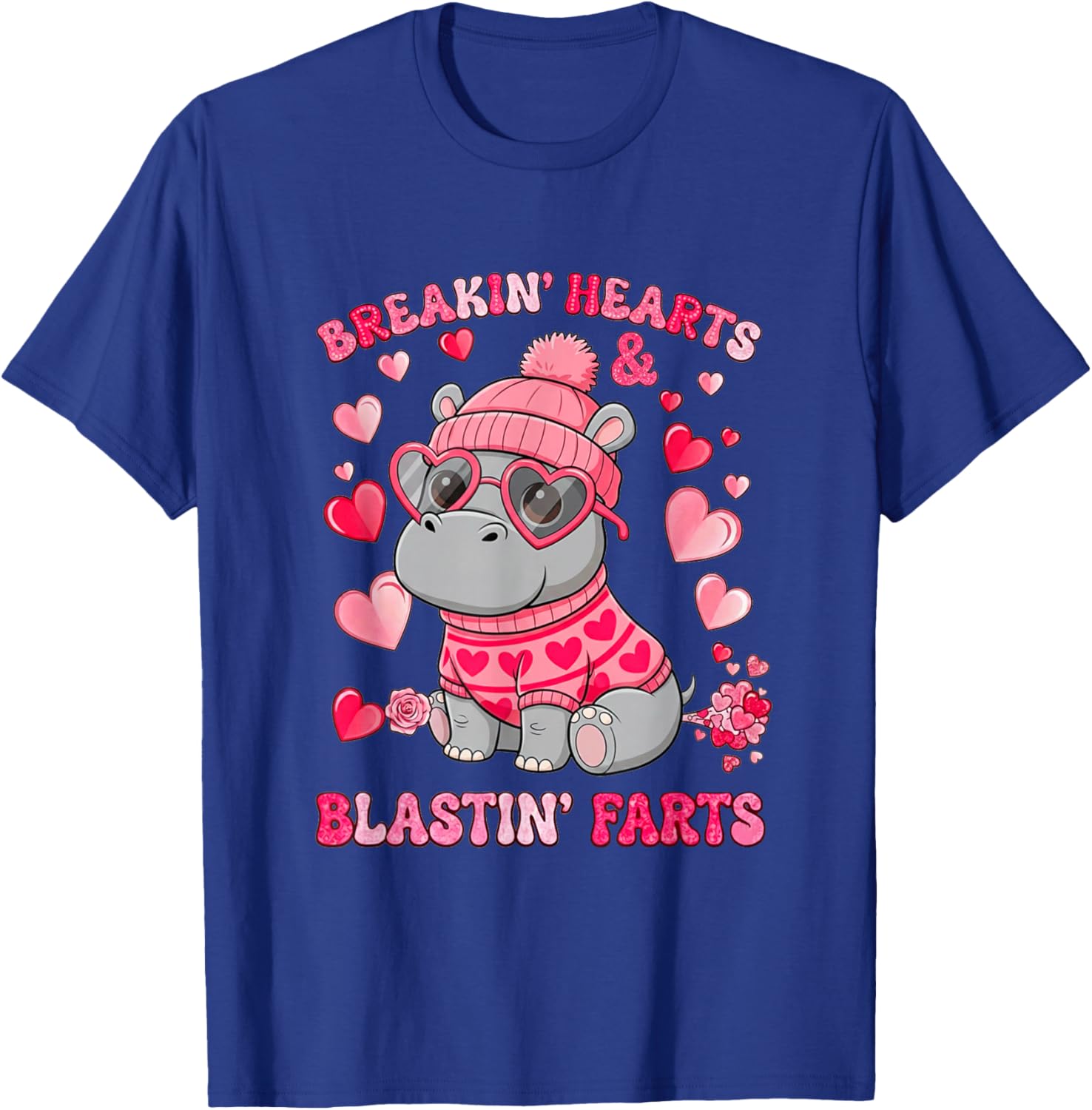 Funny Hippo Breaking Hearts Blasting Farts Valentines Day T-Shirt - T-Shirt | Royal