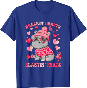 Funny Hippo Breaking Hearts Blasting Farts Valentines Day T-Shirt - T-Shirt | Royal