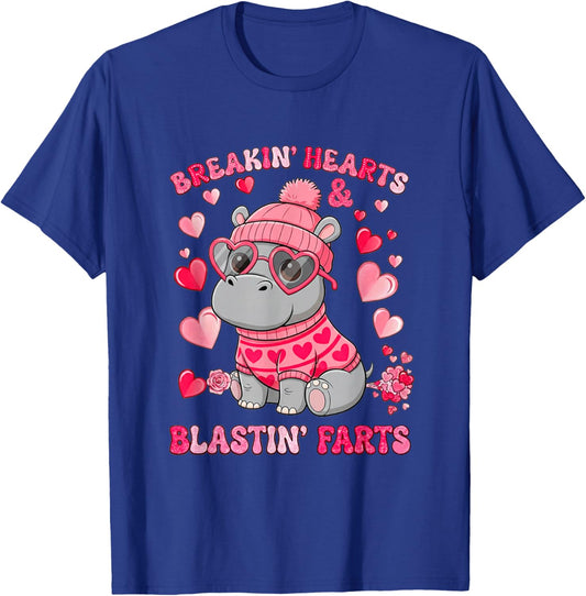 Funny Hippo Breaking Hearts Blasting Farts Valentines Day T-Shirt - T-Shirt | Royal