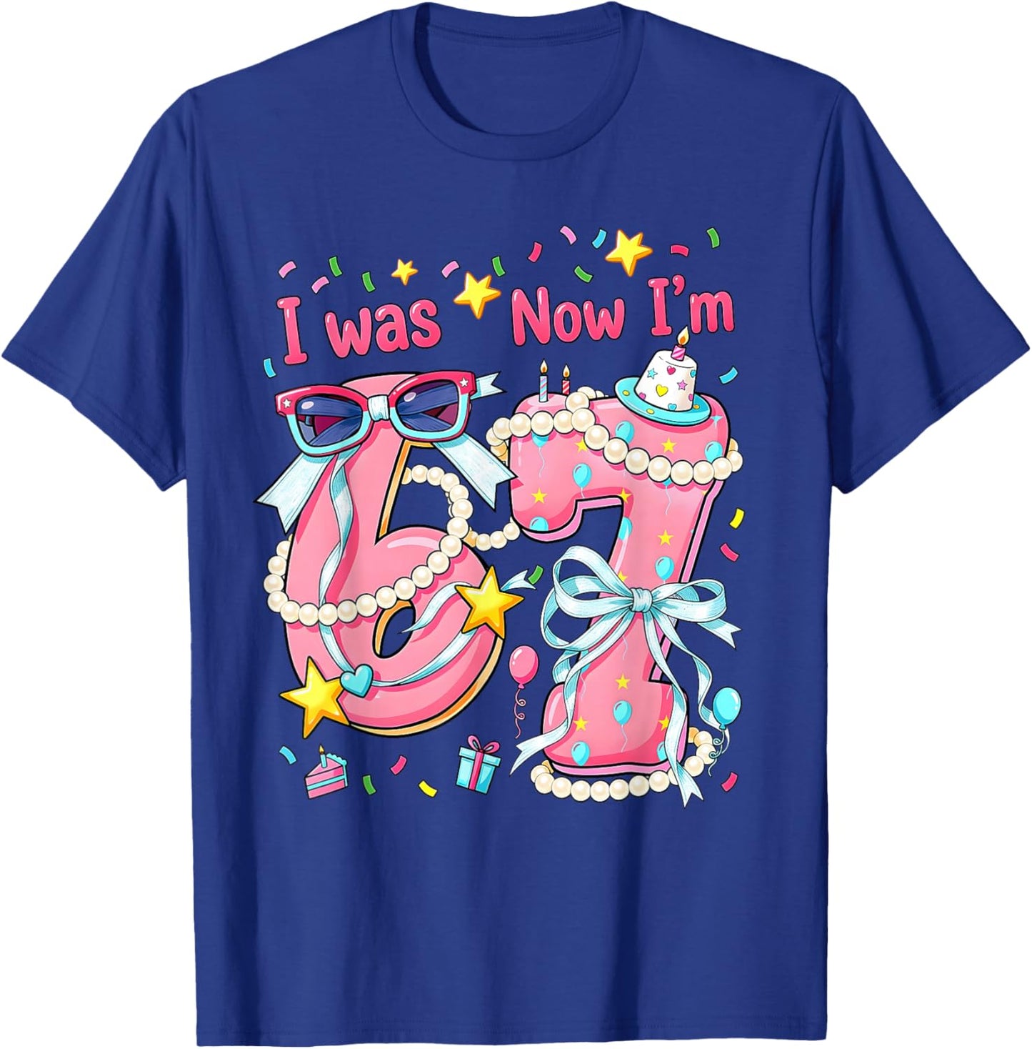 7th Birthday Girl I was 6 Now I'm 7 Year Old Pearls Girls T-Shirt - T-Shirt | Royal