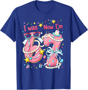 7th Birthday Girl I was 6 Now I'm 7 Year Old Pearls Girls T-Shirt - T-Shirt | Royal