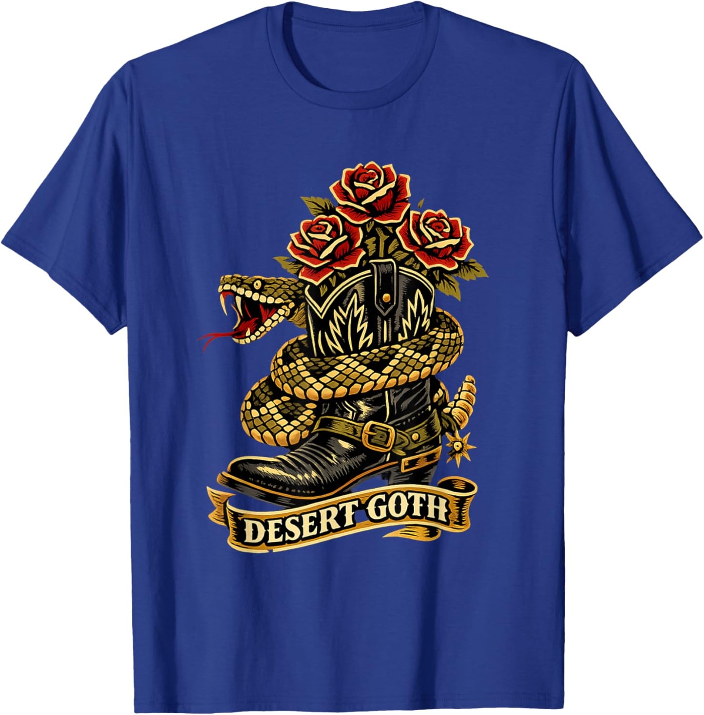 Desert Goth Traditional Tattoo Flash Boot Rattlesnake Roses T-Shirt - T-Shirt | Royal