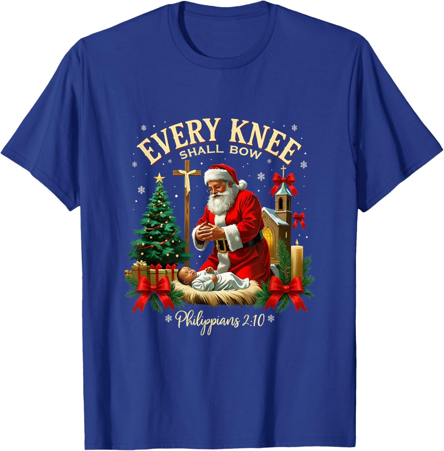 Santa Christmas Nativity Scene Xmas Every Knee Shall Bow T-Shirt - T-Shirt | Royal