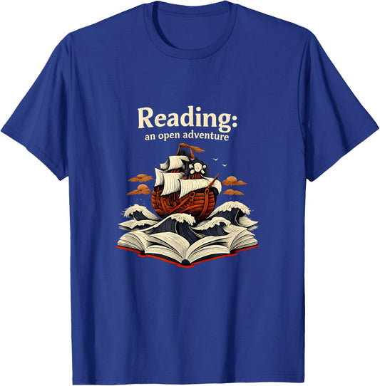 Reading an Open Adventure Pirate Ship Book Lover Art T-Shirt - T-Shirt | Royal