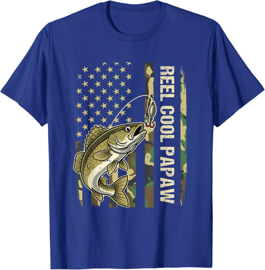Reel Cool Papaw Walleye Fishing Camo American Flag Fisherman T-Shirt - T-Shirt | Royal